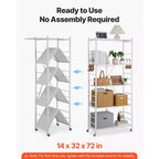 Étagère de rangement pliable à 5 niveaux, unité d'étagères en métal pliable de 81,3 x 35,6 x 182,9 cm (L x P x H), étagère de rangement sans assemblage avec 5 roulettes et 4 crochets, blanche