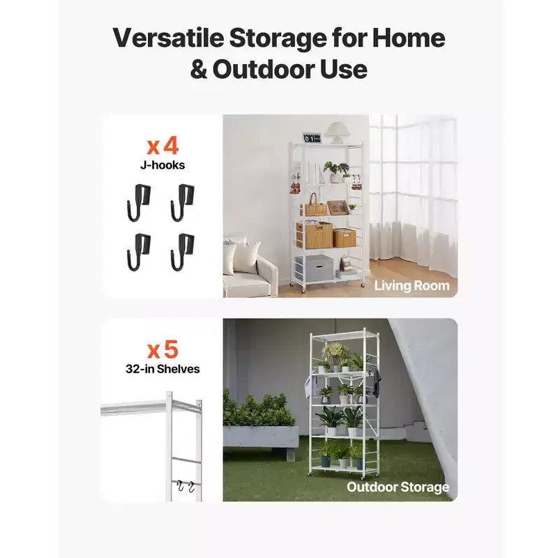 Étagère de rangement pliable à 5 niveaux, unité d'étagères en métal pliable de 81,3 x 35,6 x 182,9 cm (L x P x H), étagère de rangement sans assemblage avec 5 roulettes et 4 crochets, blanche