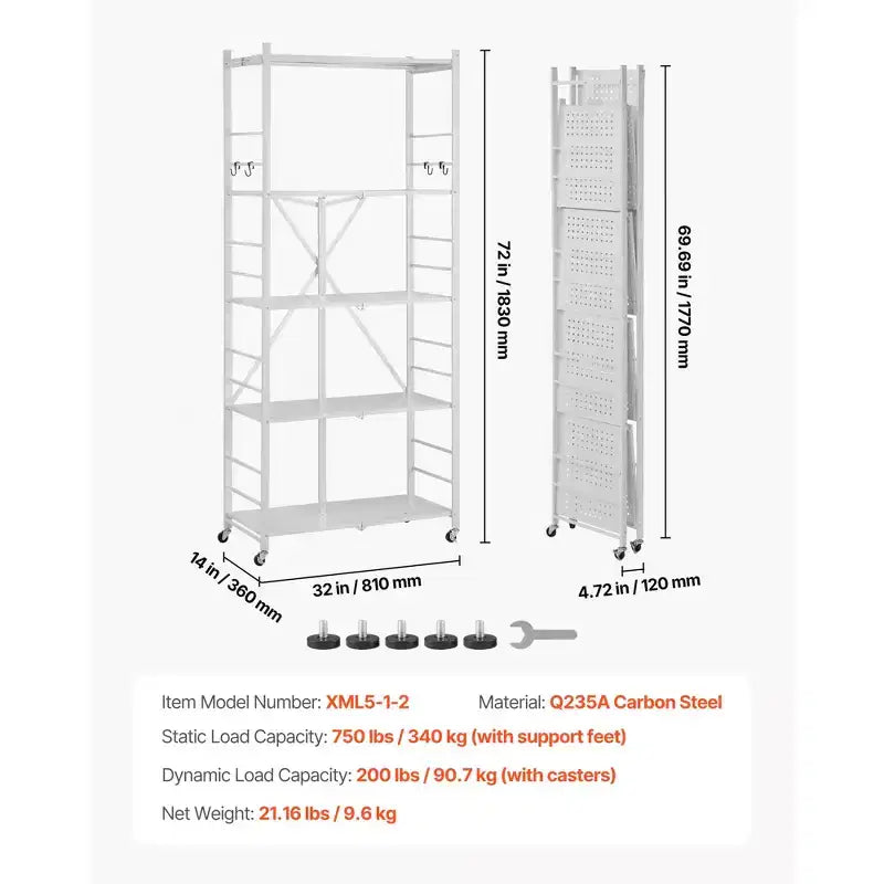 Étagère de rangement pliable à 5 niveaux, unité d'étagères en métal pliable de 81,3 x 35,6 x 182,9 cm (L x P x H), étagère de rangement sans assemblage avec 5 roulettes et 4 crochets, blanche