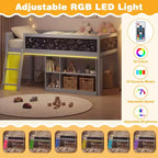 Lit mezzanine enfant avec lumières LED, tableau et bibliothèque amovible, barrière de sécurité