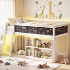 Lit mezzanine enfant avec lumières LED, tableau et bibliothèque amovible, barrière de sécurité