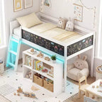 Lit mezzanine enfant avec lumières LED, tableau et bibliothèque amovible, barrière de sécurité