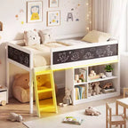 Lit mezzanine enfant avec lumières LED, tableau et bibliothèque amovible, barrière de sécurité