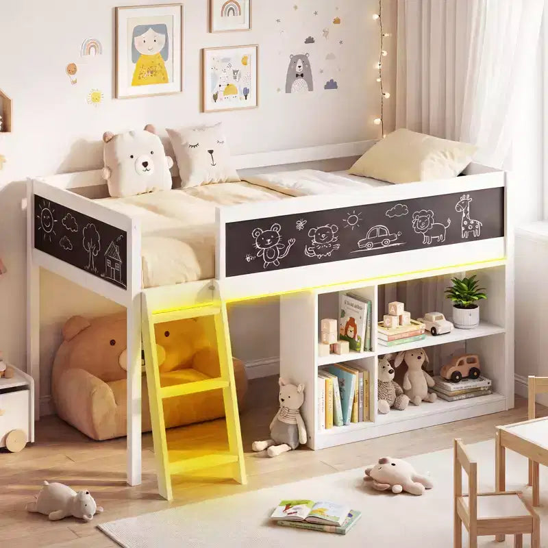 Lit mezzanine enfant avec lumières LED, tableau et bibliothèque amovible, barrière de sécurité