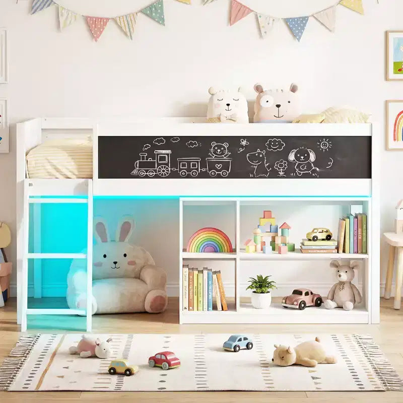 Lit mezzanine enfant avec lumières LED, tableau et bibliothèque amovible, barrière de sécurité