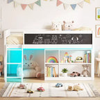 Lit mezzanine enfant avec lumières LED, tableau et bibliothèque amovible, barrière de sécurité