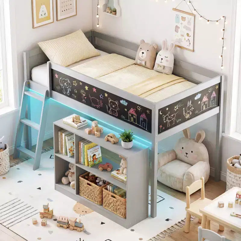 Lit mezzanine enfant avec lumières LED, tableau et bibliothèque amovible, barrière de sécurité