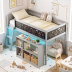 Lit mezzanine enfant avec lumières LED, tableau et bibliothèque amovible, barrière de sécurité