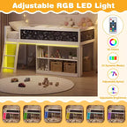 Lit mezzanine enfant avec lumières LED, tableau et bibliothèque amovible, barrière de sécurité