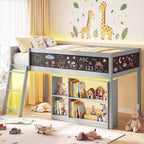 Lit mezzanine enfant avec lumières LED, tableau et bibliothèque amovible, barrière de sécurité
