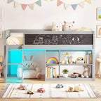 Lit mezzanine enfant avec lumières LED, tableau et bibliothèque amovible, barrière de sécurité