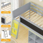 Lit mezzanine enfant avec lumières LED, tableau et bibliothèque amovible, barrière de sécurité