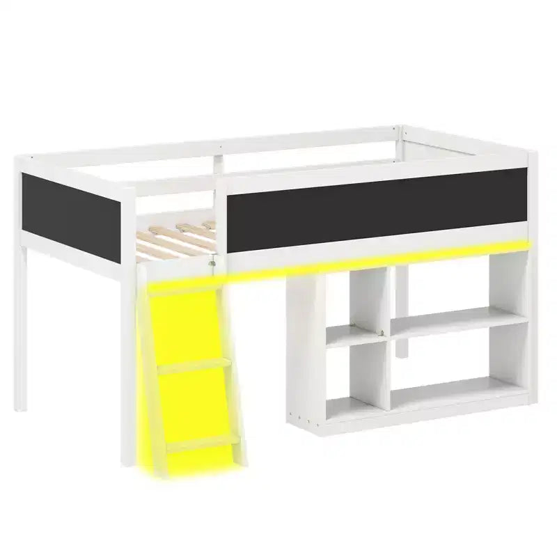 Lit mezzanine enfant avec lumières LED, tableau et bibliothèque amovible, barrière de sécurité