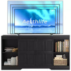 Meuble TV pour télévision de 65 pouces, meuble de divertissement moderne du milieu du siècle avec portes coulissantes de style grange, noir
