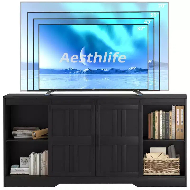 Meuble TV pour télévision de 65 pouces, meuble de divertissement moderne du milieu du siècle avec portes coulissantes de style grange, noir