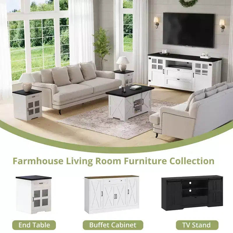 Meuble TV pour télévision de 65 pouces, meuble de divertissement moderne du milieu du siècle avec portes coulissantes de style grange, noir