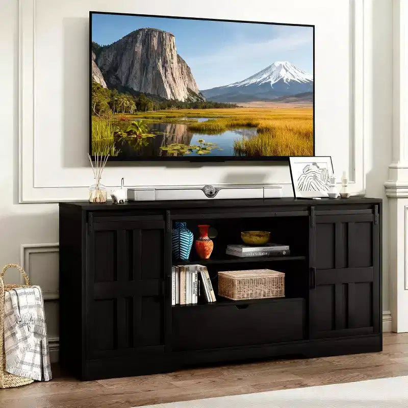 Meuble TV pour télévision de 65 pouces, meuble de divertissement moderne du milieu du siècle avec portes coulissantes de style grange, noir